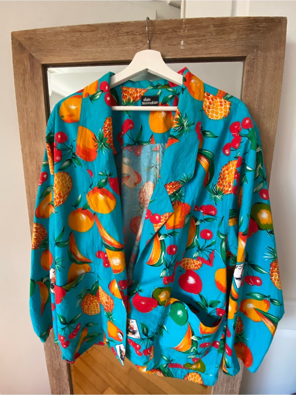 Vintage 80s Fruit Tropical Print Oversized Turquoise Funky Tailored Blazer